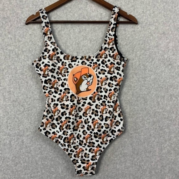 Buc-ee's All Over Leopard Print One Piece Swimsuit Women's XS Logo Graphic EUC - Picture 1 of 11